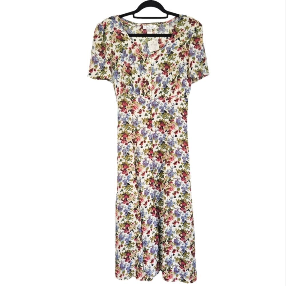 Deadstock NWT Vintage Just Maggie Floral Button Front Short Sleeve Midi Dress 12